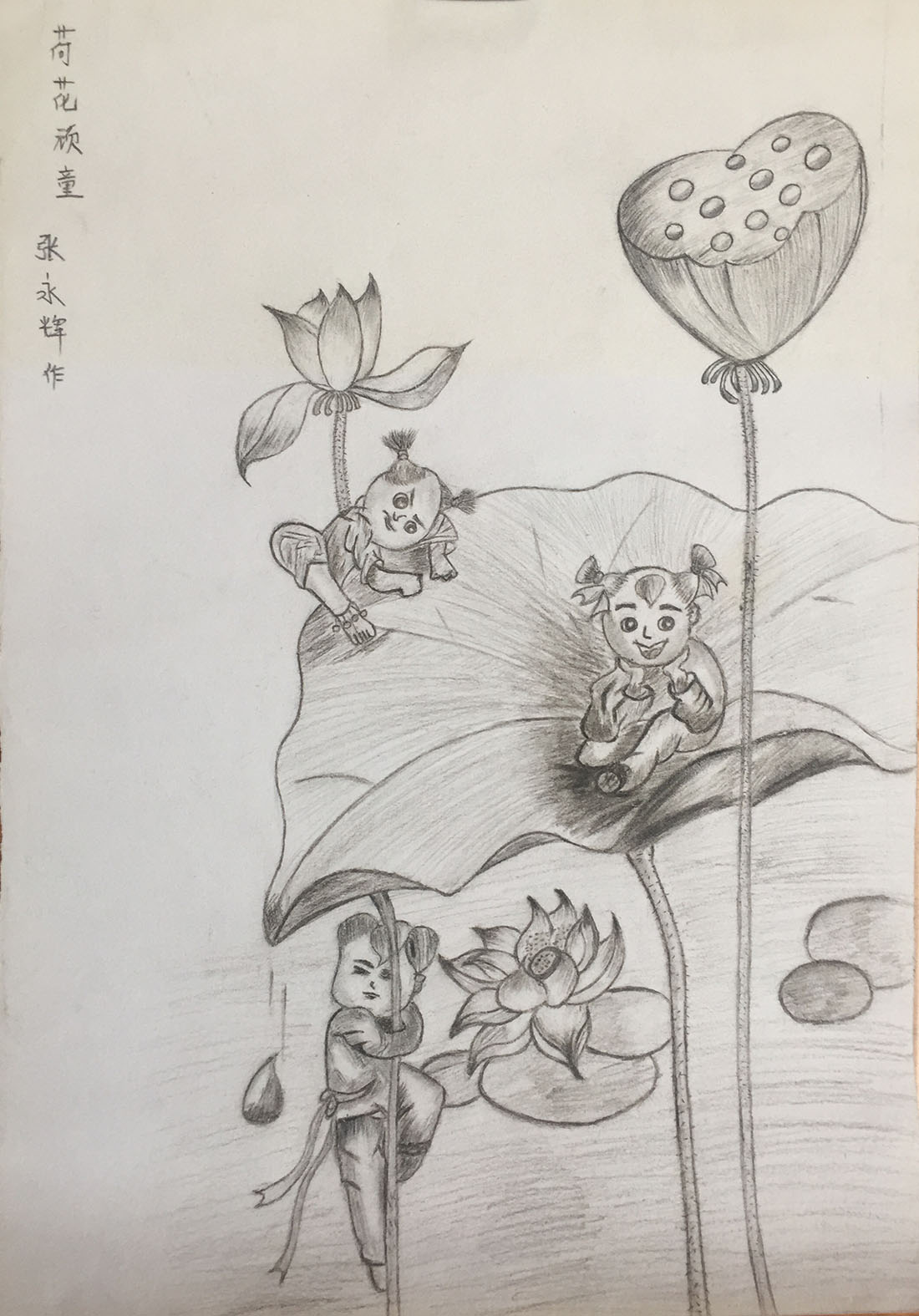 素描（荷花上的顽童)(作者:张永辉)